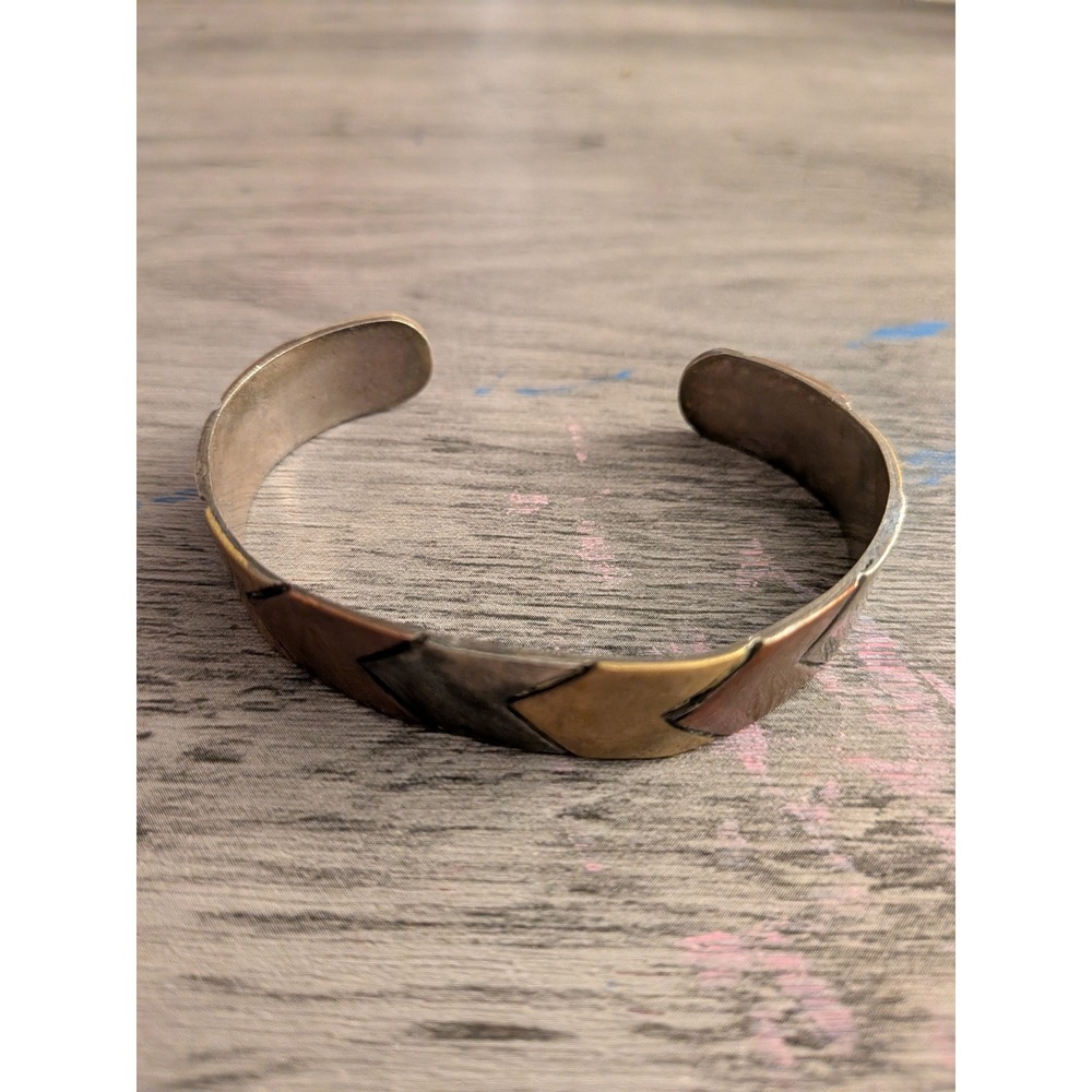 Vintage Mixed Metal Chevron Cuff Bracelet Copper Brass Silver‎ Tone Geometric